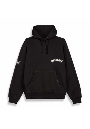 Schwarzer Kapuzenpullover mit Fronttasche, Kordelzug-Kapuze und weißem "grimey"-Text. Mit grafischem Detail am linken Ärmel. Weicher Stoff.