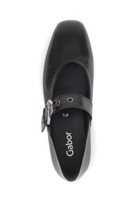 Schwarze Leder-Mary-Jane-Schuhe mit quadratischer Spitze, verstellbarem Schnallenriemen und "Gabor"-Branding innen, Größe 4½.
