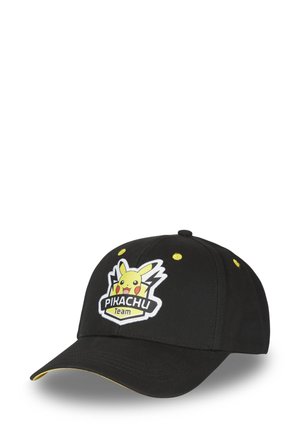 Casquette noire avec des accents jaunes, présentant un logo Pikachu brodé et le texte "Équipe PIKACHU". Elle a une visière incurvée et une construction à six panneaux.