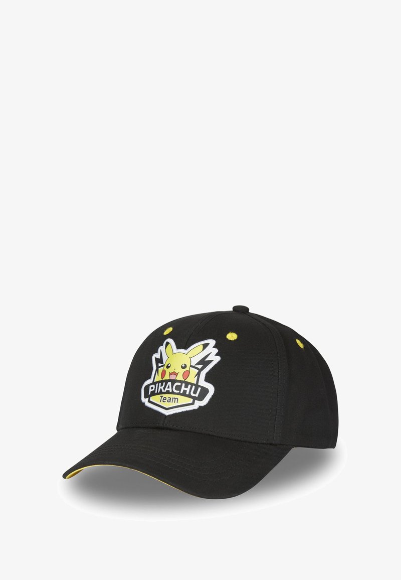 Casquette noire avec des accents jaunes, présentant un logo Pikachu brodé et le texte "Équipe PIKACHU". Elle a une visière incurvée et une construction à six panneaux.