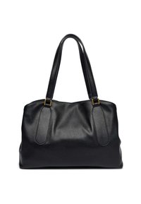 Borsa a tracolla in pelle nera con due robuste cinghie per la spalla, superficie testurizzata e bordi arrotondati. Presenta dettagli in metallo color oro.