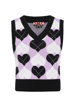 Lila kötött pulóver mellény, fekete és fehér szívmintával. V nyakú kialakítás fekete díszítéssel az alján és a karkivágásoknál.