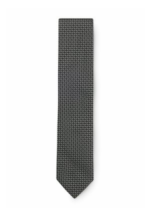 Nœud papillon noir avec un motif texturé de petits carrés blancs, coupe étroite, tissu lisse et pointe effilée. Sans embellissements supplémentaires.