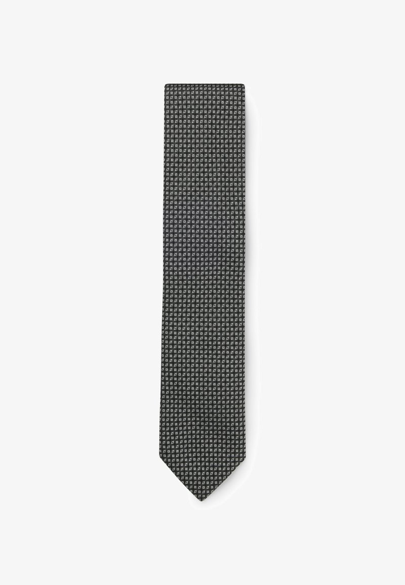 Black tie with a textured pattern of small white squares, narrow cut, smooth fabric, and pointed tip. No additional embellishments.