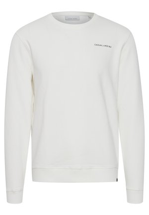 Valkoinen pyöreäkauluksinen collegepaita, joka on valmistettu pehmeästä puuvillasta. Ominaisuuksiin kuuluu ribbauskut ja helma, sekä hillitty "CASUAL FRIDAY" -teksti rinnassa.