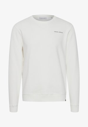 Biały sweatshirt z okrągłym dekoltem, wykonany z miękkiej bawełny. Posiada ribbowe mankiety i dół, z subtelnym napisem "CASUAL FRIDAY" na klatce piersiowej.