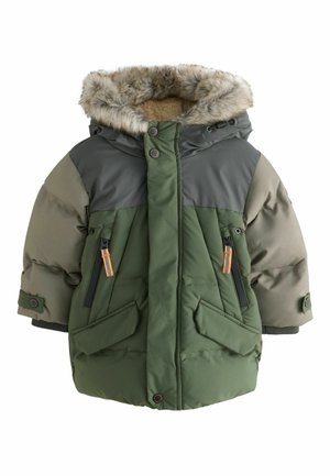 Grüne und graue, gepolsterte Jacke mit einer gefütterten Kapuze aus Kunstpelz, zwei Vorderentaschen, kontrastierenden Ärmel-Farben und orangefarbenen Reißverschluss-Akzenten.