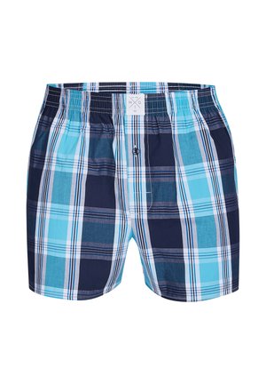 Boxer da uomo in cotone a quadri blu e navy con cintura elastica e chiusura frontale con bottoni.