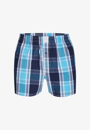Herren-Boxershorts aus Baumwolle in Blau und Marine mit Karo-Muster, elastischem Bund und Knopfverschluss vorne.
