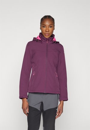 Purple softshell jacket with pink accents, zip closure, and adjustable hood. Features two side pockets and a fitted design.