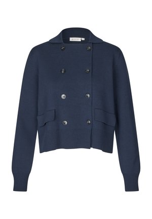 Marineblauer Cardigan aus Strickstoff, mit doppelreihigem Design, großen Knöpfen und zwei Vordertaschen mit geripptem Besatz.