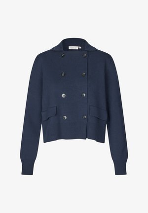 Marineblauer Cardigan aus Strickstoff, mit doppelreihigem Design, großen Knöpfen und zwei Vordertaschen mit geripptem Besatz.