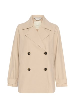 Beez värvi topeltkinnitatud jakk suurte nurgeliste kraede, kahe esimesi taskutega ja nööbi aktsentidega. Valmistatud siledast kangast, millel on struktureeritud istuvus.