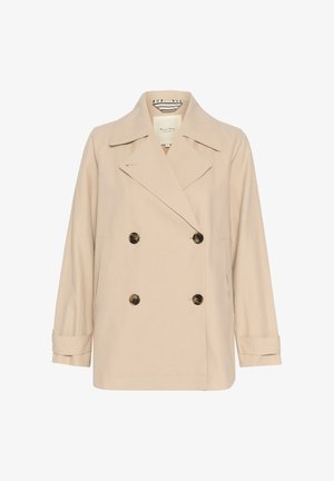 Beez värvi topeltkinnitatud jakk suurte nurgeliste kraede, kahe esimesi taskutega ja nööbi aktsentidega. Valmistatud siledast kangast, millel on struktureeritud istuvus.