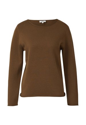 Brązowy sweter z długim rękawem i okrągłym dekoltem, z prostym dołem, wykonany z miękkiej dzianiny, prezentowany na białym tle.