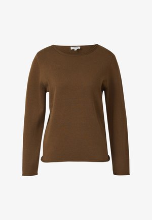 Brauner Pullover mit langen Ärmeln und Rundhalsausschnitt, mit geradem Saum, aus weichem Strickstoff, auf weißem Hintergrund präsentiert.