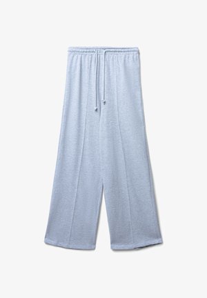 Light gray wide-leg trousers made of soft fabric, featuring an elastic waistband with drawstring and side seams for added detail.