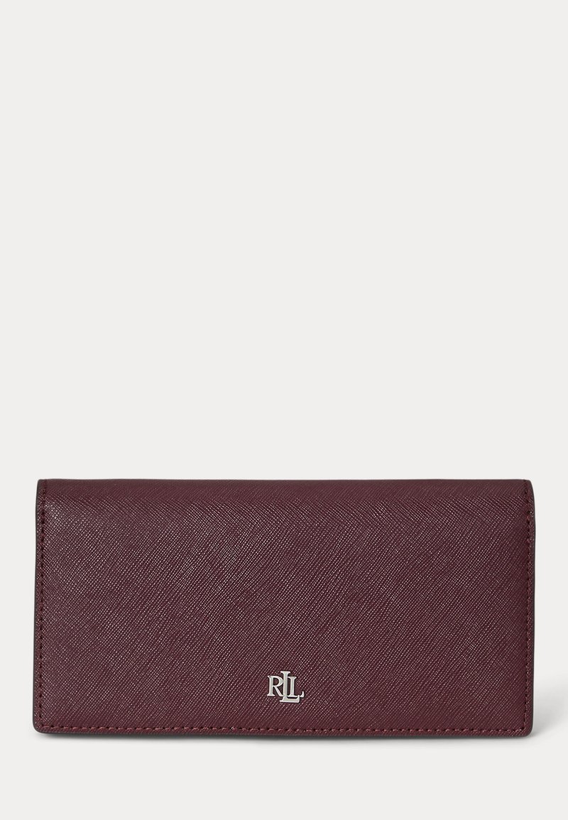 Portafoglio in pelle bordeaux scuro con finitura strutturata e piccolo logo RLL argentato centrato davanti.