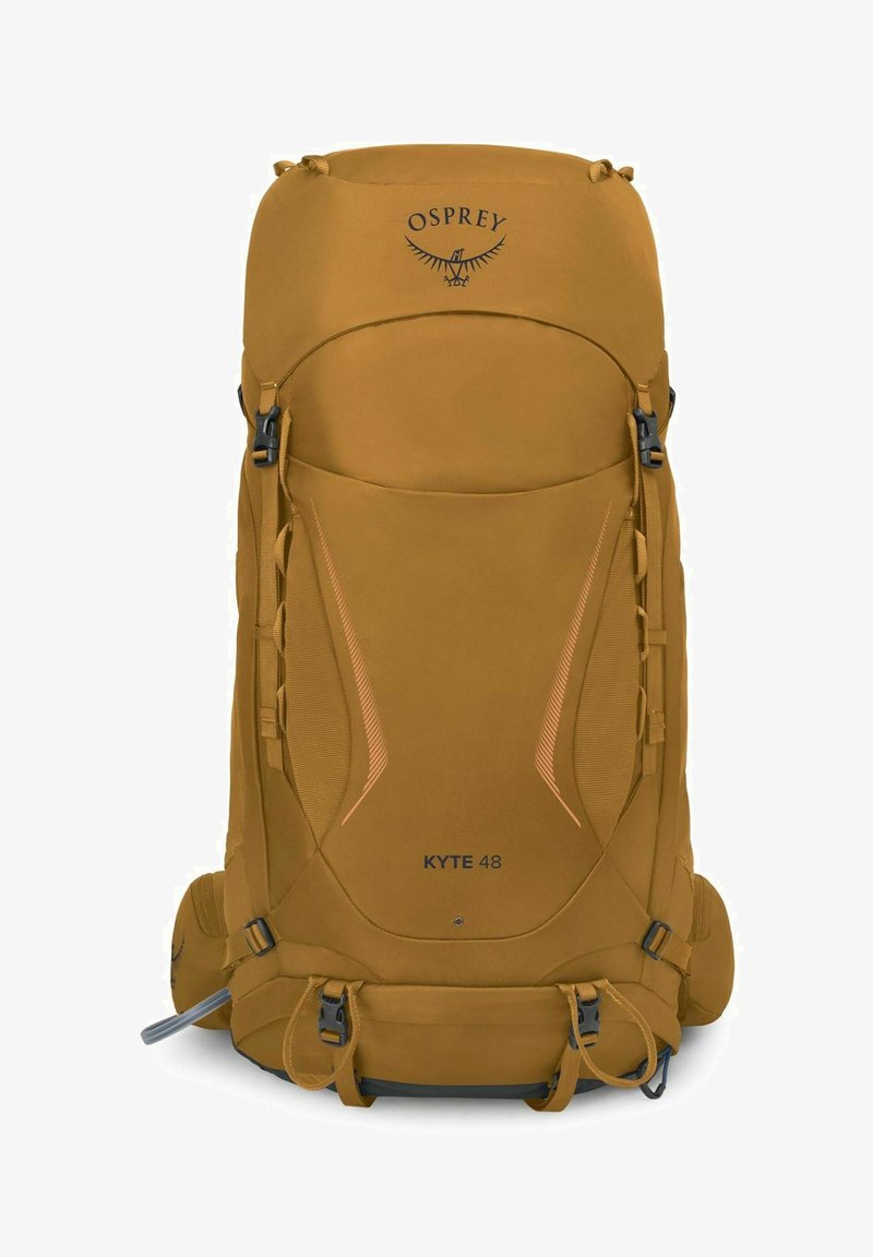 Grande zaino da trekking Osprey Kyte 48 color senape con più cinghie, fibbie e cintura imbottita per i fianchi.
