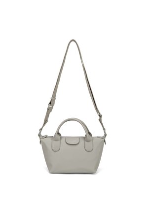 Piccola borsa a mano grigio chiaro con due manici corti e una tracolla lunga regolabile, esposta su sfondo bianco.
