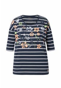Marinfärgad rutig t-shirt med korta ärmar, prydd med blommönster i orange, vitt och grönt. Avslappnad passform, rund halsringning.