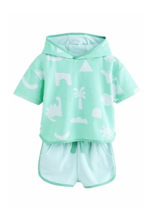 Mintgroen twee-delig set bestaande uit een capuchon, kortemouwen top met witte patronen en bijpassende shorts met een elastische tailleband en zakken.