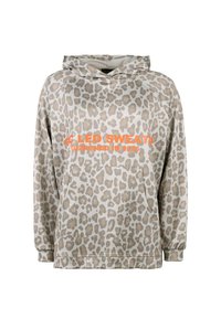 Hooded sweatshirt with beige and light brown leopard print and orange text "LEO SWEAT DESIGNED IN 2025" on front, featuring a front pouch pocket.