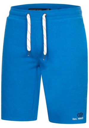 Pantalones cortos deportivos azul Hechos de material suave, con una cintura elástica ajustable con cordón rojo y un logo bordado en la parte inferior de la pierna.