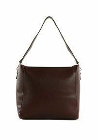 Borsa a spalla in pelle bordeaux scuro con una texture liscia, forma rettangolare morbida, una tracolla singola regolabile e minimi dettagli in metallo.
