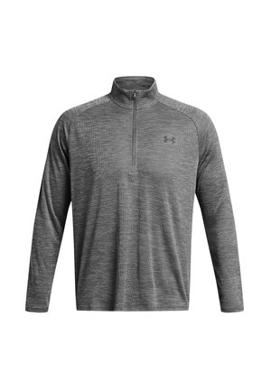 Gray long-sleeve quarter-zip top featuring a textured fabric with subtle stripes and a black logo on the left chest area.