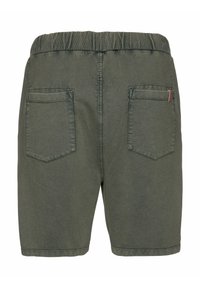 Groene katoenen shorts met een elastische tailleband, twee achterzakken en een rechte snit. Heeft een zachte textuur en een effen kleur.