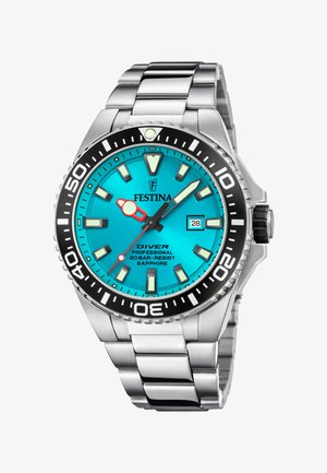 Taucheruhr aus Edelstahl mit blauem Zifferblatt, leuchtenden Zeigern und Markierungen, schwarzer drehbarer Lünette, Datumsfenster bei 3 Uhr und Metallarmband.
