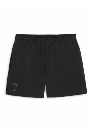 Melnas sporta šortus ar elastīgu jostu, sānu šķeltnēm un uz svītrām pelēku atstarojošu logotipu apakšējā kreisajā pusē. Gaisīgs audums.