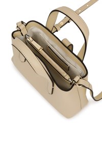 Beżowa skórzana torebka o usztywnionym kształcie, z złotymi elementami ozdobnymi, regulowanym paskiem oraz wieloma przegródkami wewnętrznymi.