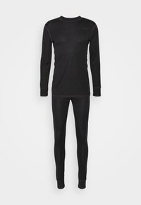 Set di top e pantaloni termici neri realizzato in un tessuto morbido ed elasticizzato. Caratterizzato da maniche lunghe e design aderente delle gambe, con cuciture a contrasto.
