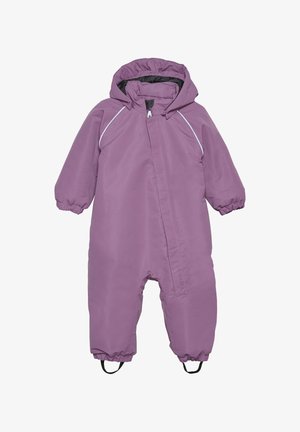 Lila wasserdichte Schneoverall mit Kapuze, elastischen Bündchen und Reißverschluss. Verfügt über reflektierende Akzente und Stiefelriemen zur Befestigung.
