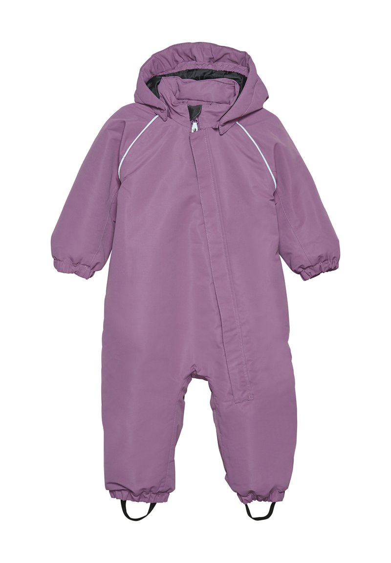 Lila vattentät snäljacka med huva, elastiska cuffs och dragkedja. Utrustad med reflexdetaljer och stövelremmar för fastsättning.