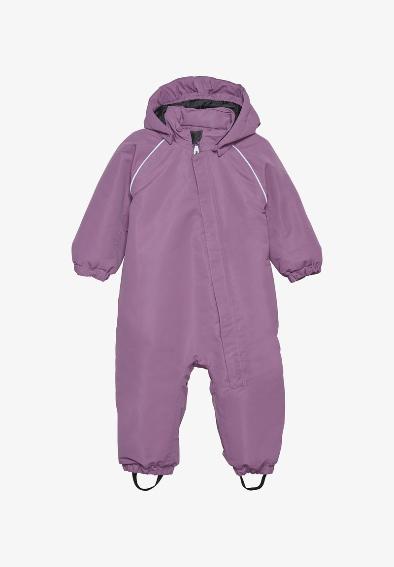 Lila vattentät snäljacka med huva, elastiska cuffs och dragkedja. Utrustad med reflexdetaljer och stövelremmar för fastsättning.