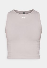 Ljust grå atletisk crop top i slätt tyg, med rund halsringning och Under Armour-logotypen i vitt på framsidan.