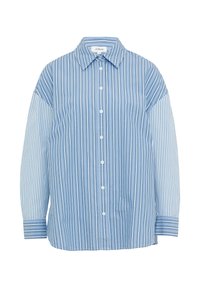 Blau-weiß gestreiftes Hemd mit klassischem Kragen, Knopfleiste und langen Ärmeln. Hergestellt aus leichtem Stoff mit unterschiedlich breiten Streifen.