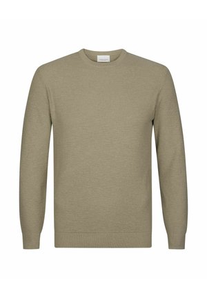 Beiger Strickpullover mit rundem Ausschnitt, langen Ärmeln und strukturiertem Muster. Mit säumigem Abschluss an Bündchen und Saum.