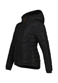 Giacca a vento nera con cappuccio, design trapuntato, chiusura a zip, polsini elasticizzati e un leggero curvatura all'orlo. Presenta un dettaglio con il logo sul petto.