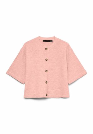 Ružičasti kratki top s kratkim rukavima, izrađen od mekog materijala, s okruglim izrezom i pet smeđih gumba na prednjoj strani.