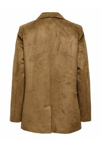 Bruine suède blazer met een geknipt kraag, lange mouwen en een enkele achterventilatie. Heeft een gladde textuur en een schoon, minimalistisch ontwerp.