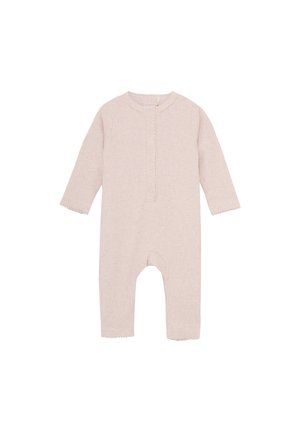 Helles rosa gestricktes Jumpsuit mit langen Ärmeln, gerippter Textur, rundem Halsausschnitt, knopflosem Verschluss vorne und gewellten Kanten an den Bündchen.