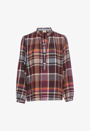 Koszula w kratę z długim rękawem w burgundowym, pomarańczowym, szarym i różowym odcieniu. Posiada plisowany przód oraz kołnierzyk bez kołnierza z guzikami.