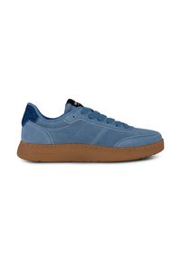 Blue suede sneaker with a smooth texture, featuring a tan rubber sole, blue accent on the heel, and tonal stitching.