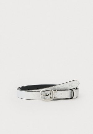 Silver textured leather belt with a rounded silver buckle, coiled with the end tucked into a belt loop on a white background.