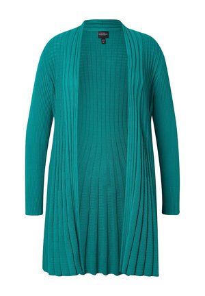 Tealfarbener, langärmeliger Cardigan mit gerippter Textur, offenen Frontdesign und drapierter Optik. Verfügt über vertikale Falten, die von vorne nach hinten verlaufen.
