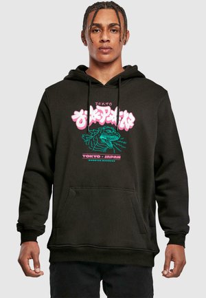 Felpa nera con cappuccio e tasca frontale. Presenta una grafica audace con testo rosa e verde e un design di drago, con polsini e orlo a costine.